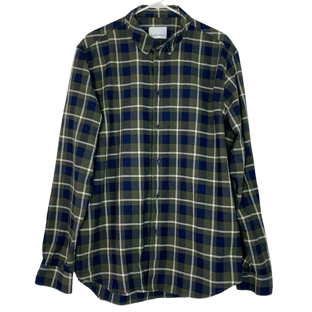 Samsoe Liam Flannel Button Down Shirt Mens Size XXL Green Navy Blue Plaid EUC